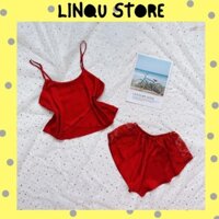Đồ ngủ sexy nữ 💋Freeship 💋Đồ ngủ sexy nữ áo hai dây quần đùi lụa satin Freesize dưới 60kg Đẹp New