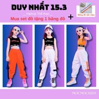 Đồ nhảy hiphop cho bé gái sát nách áo croptop hở vai bo eo, quần jogger Dù túi hộp phối dây cho bé 16kg đến 48kg