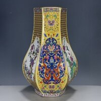 Đồ sứ cổ triều nhà Thanh Yongzheng Lu Qinzhai trào ngược p Đồ sứ cổ triều nhà Thanh Yongzheng Lu Qinzhai Dòng chảy ngược Pastel Tranh hoa vàng Chim Bình đa giác 12.09