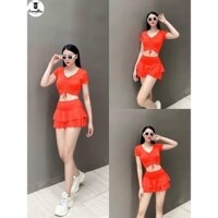 Đồ tập gym, aerobic nữ, đồ đi biển nữ gồm áo croptop ngắn tay dây rút kết hợp quần chân váy xoè 2 tầng skyless.sore