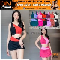 Đồ tập gym nữ, set bộ đùi thể thao phối màu áo bra kèm mút quần đùi váy dây rút Bin Sports BN040