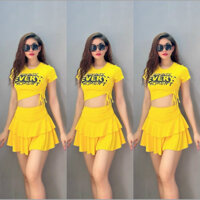 Đồ tập gym yoga nữ, set đồ tập erobic đi biển dã ngoại đi bơi nữ chân váy 2 lớp áo croptop rút dây (áo rút+ váy tầng)