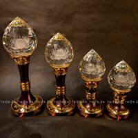 [Đồ thờ cúng] Đèn pha lê trái đào (1 cặp), chân đồng, chạy 7 màu có 4 size