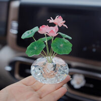 Đồ trang trí hoa sen thủy tinh thủ công, hấp dẫn về mặt hình ảnh, với cánh hồng và lá xanh - trang trí cho xe hơi, nhà ở, phòng hoặc khách sạn
