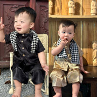 Đồ trung thu cho bé trai, set bộ chú Cuội chất gấm lụa kèm khăn kẻ caro cho bé a 10-30kg