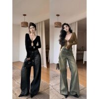 doe Áo thun đen cắt xẻ cho nữ, áo cổ V, áo liền quần dài tay xếp ly, dáng ôm, mùa xuân /doe