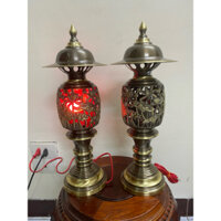 Đôi đèn điện thờ bằng đồng cao cấp hoạ tiết hoa sen cao 38,45cm màu giả cổ. Đèn thờ bằng đồng - Đại Bái 555