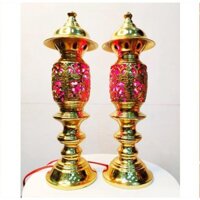 Đôi đèn thờ bằng đồng vàng nguyên chất cao 27cm, đôi đèn điện thờ bằng đồng cao cấp,phong thủy bền đẹp
