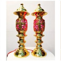 Đôi đèn thờ bằng đồng vàng nguyên chất cao 27cm, đôi đèn điện thờ bằng đồng cao cấp,phong thủy bền đẹp
