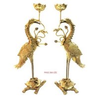 Đôi hạc thờ Cánh Vĩnh Tiến số 1 bằng đồng cao 31,5 cm màu vàng sáng bóng