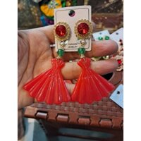 Đôi hoa tai kẹp hình quạt đỏ - Phụ kiện Hầu Đồng