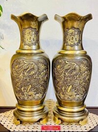 Đôi Lọ Cắm Hoa Bằng Đồng Giả Cổ Chạm Hoa Văn Tứ Linh (Long Lân Quy Phụng) Cao Cấp
