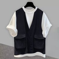 Đôi Túi Màu Tương Phản Áo Thun Nam M-3XL Mùa Hè Hợp Thời Trang Cổ Tròn Nửa Tay Top Nam Thường Ngày Giả Hai Mảnh Nửa-