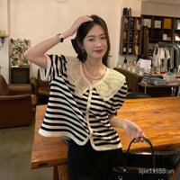 Doll collar striped short-sleeved T-shirt for women 2023 new Korean style loose large size summer sweet and spicy short top