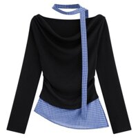Đơn Giản Giả Hai Mảnh Kẻ Sọc Khâu Dài Tay Ruy Băng Áo Thun Nữ ins Mùa Thu Slim-Fit S