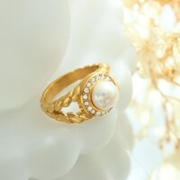 Đơn Giản Thời Trang Zircon Ngọc Trai Nước Ngọt Titan Thép Không Gỉ Mạ Vàng 18K Nhẫn Nữ Trang Sức