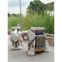 Đôn voi, đôn gốm sứ, đôn hình con voi_ màu trắng, cong vòi lên đầu, họa tiết xanh lục 🐘🐘