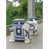 Đôn voi, đôn gốm sứ, đôn hình con voi_ màu trắng, cong vòi lên đầu, họa tiết xanh navy 🐘🐘