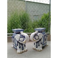 Đôn voi, đôn voi sứ, đôn gốm hình voi màu trắng, họa tiết xanh dương