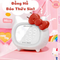 Đồng Hồ Báo Thức Đa Năng Hello Kitty 5in1 Kèm Nhiệt Kế Phòng ,Đèn Ngủ, Loa Bluetooth, Đồ Decor Phòng Xinh Xắn, Nhỏ Gọn