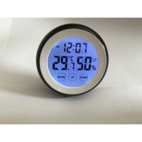 Đồng hồ báo thức kỹ thuật để bàn tròn mini đo độ ẩm và nhiệt độ 9x2,6cm - Đen