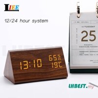 Đồng hồ báo thức LED bằng gỗ Đồng hồ kỹ thuật số Nhà Nhiệt kế điện tử LED Gỗ hiện đại Bàn giường để bàn Đồng hồ để bàn Tam giác