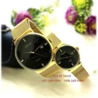 Đồng hồ cặp đôi dây thép lụa Halei Gold Black