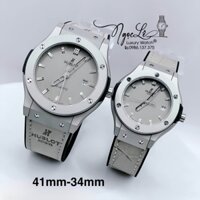 Đồng Hồ Cặp Hublot Classic Fusion Dây Da Silicon Xám Vỏ Bạc Size 41mm - 34mm