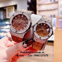 Đồng Hồ Cặp Hublot Classic Fusion Quartz Dây Da Silicon Nâu Rose