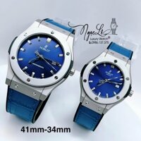 Đồng Hồ Cặp Hublot Classic Fusion Dây Da Silicon Xanh Dương Vỏ Bạc Size 41mm - 34mm