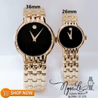 Đồng Hồ Cặp Movado Cao Cấp Dây Kim Loại Vàng Mặt Đen 36mm - 26mm