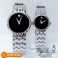 Đồng Hồ Cặp Movado Cao Cấp Dây Kim Loại Bạc Mặt Đen 36mm - 26mm