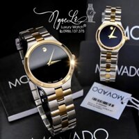Đồng Hồ Cặp Movado Dây Kim Loại Demi Vàng Mặt Đen Cao Cấp Máy Pin Size 40mm - 28mm