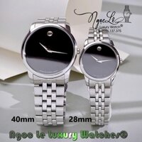 Đồng Hồ Cặp Movado Museum Cao Cấp Dây Kim Loại Bạc Mặt Đen 40mm - 28mm