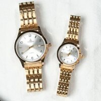 Đồng hồ cặp nam nữ OSHZRO dây kim loại vàng - Đồng hồ đôi kiểu dáng thời trang, mặt kính tròn