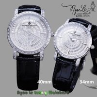 Đồng Hồ Cặp Vacheron Constantin Siêu Cấp Dây Da Đen Đính Đá Bạc 40mm - 34mm