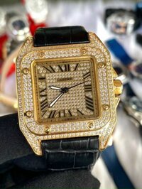 Đồng hồ Cartier nam đính đá mặt vuông Cartier Automatic mạ vàng 40mm