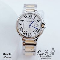 Đồng Hồ Cartier Nam Máy Quartz Dây Kim Loại Demi Vàng Mặt Trắng Size 40mm Niềng Trơn