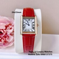 Đồng Hồ Cartier Nữ Dây Da Đỏ Mặt Chữ Nhật Số La Mã Kim Xanh Vỏ Gold Size 24x33mm