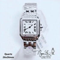 Đồng Hồ Cartier Nữ Mặt Vuông Dây Kim Loại Bạc Mặt Trắng Size 26x26mm - Niềng Đá