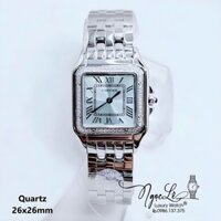Đồng Hồ Cartier Nữ Mặt Vuông Dây Kim Loại Bạc Mặt Xanh Size 26x26mm - Niềng Đá