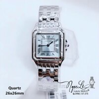 Đồng Hồ Cartier Nữ Mặt Vuông Dây Kim Loại Bạc Mặt Xanh Size 26x26mm - Niềng Trơn