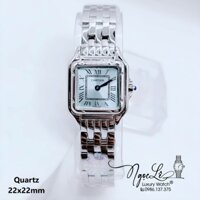 Đồng Hồ Cartier Nữ Mặt Vuông Dây Kim Loại Bạc Mặt Xanh Size 22x22mm - Niềng Trơn