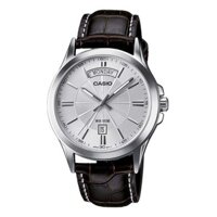 Đồng hồ Casio nam dây da thể thao, trắng bạc thanh lịch, lịch thứ và lịch ngày, chống nước WR50M (MTP-1381L-7AVDF)
