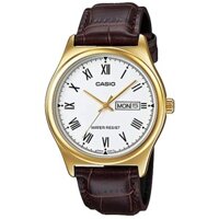 Đồng hồ Casio nam dây da thể thao, mặt trắng, viền vàng, 12 cọc số la mã sang trọng, chống nước WR30M (MTP-V006GL-7BUDF)