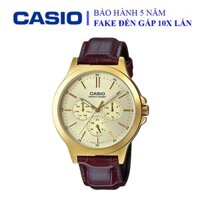 Đồng hồ Casio nam dây da thể thao, khung viền vàng sang trọng, chống nước WR30M đi bơi (MTP-V300GL-9AUDF)