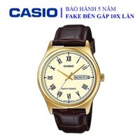 Đồng hồ Casio nam dây da thể thao, khung viền vàng sang trọng, chống nước WR30M đi bơi (MTP-V006GL-9BUDF)