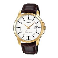 Đồng hồ Casio nam dây da thể thao, mặt trắng viền vàng sang trọng, chống nước WR30M đi mưa rửa tay (MTP-V004GL-7AUDF)