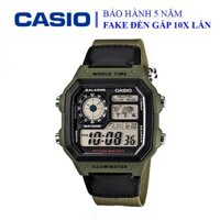 Đồng hồ Casio nam dây vải thể thao, điện tử, 3 mặt hiển thị, xanh quân sự, chống nước WR100M đi bơi (AE-1200WHB-3BVDF)