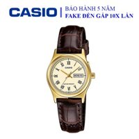 Đồng hồ Casio nữ dây da thể thao, mặt trắng viền vàng sang trọng, chống nước WR30M (LTP-V006GL-9BUDF)